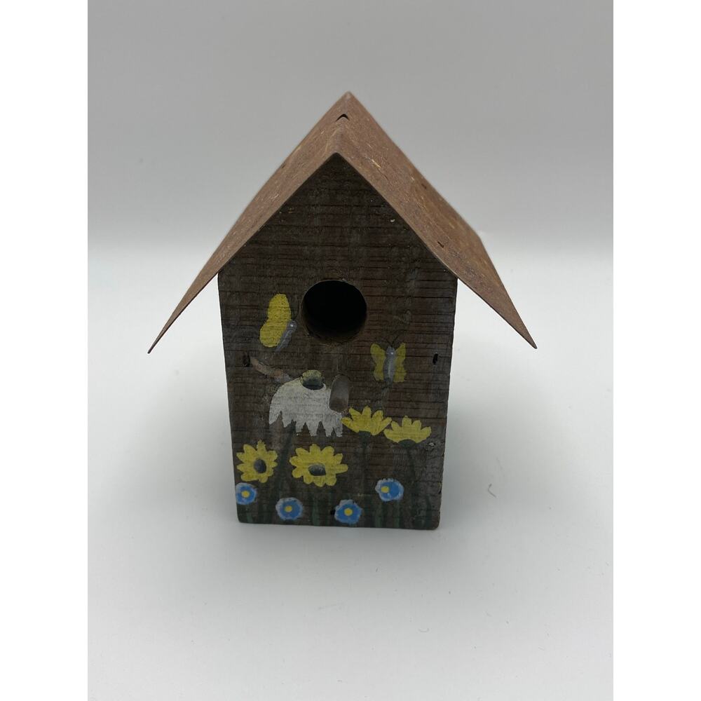 Hand-Painted Decorative Birdhouse Rusty Metal Roof Garden Flowers & Butterflies
